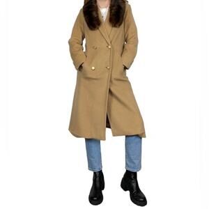 Vintage 70s Size 8 (Medium)Neutral Tan w/ Fur Accent Wool Blend Peacoat Jacket